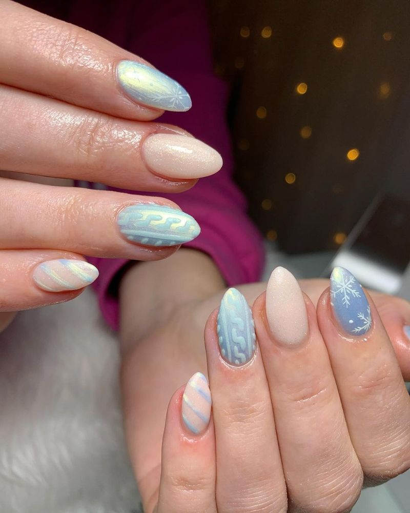 Pastel Blue Cable Knit Snowflake Nails — Winter Acrylic Nail Colors