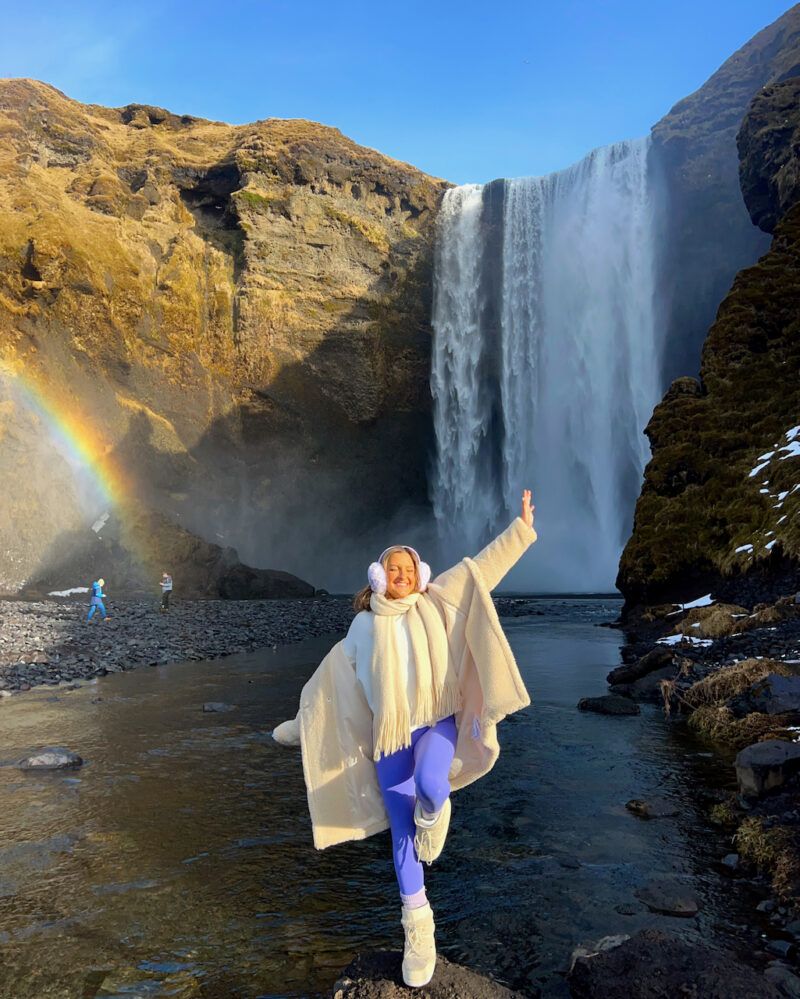 Cream Shawl And Sweater Layered With Bright Purple Leggings Cream Shawl And Sweater Layered With Bright Purple Leggings β Iceland Winter Outfits