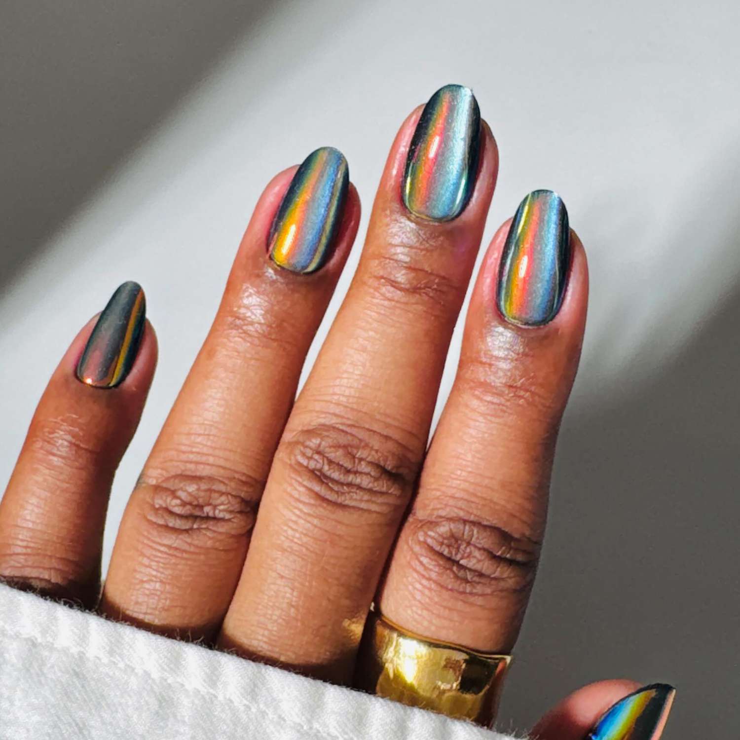 Iridescent Rainbow Chrome Almond Nails — New Years Gel Nails 2027