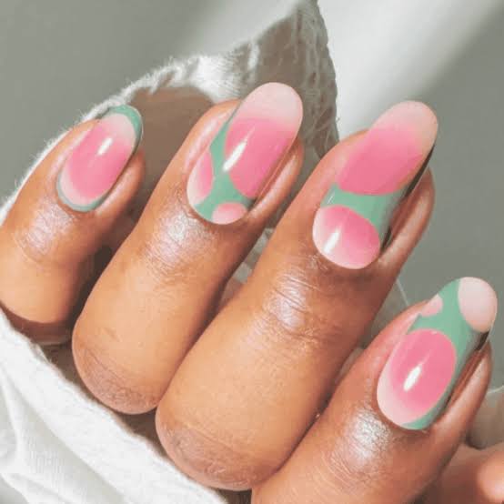 Pastel Green with Abstract Pink Shapes Pastel Green with Abstract Pink Shapes β aura nails