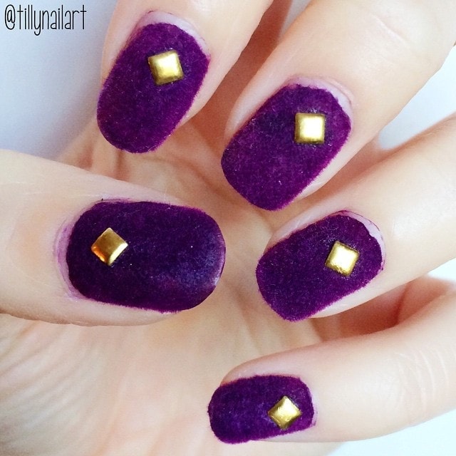Deep Purple Velvet with Gold Studs — velvet nails