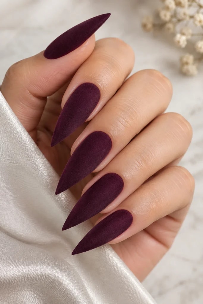 Long Stiletto Deep Plum Matte Velvet — velvet nails