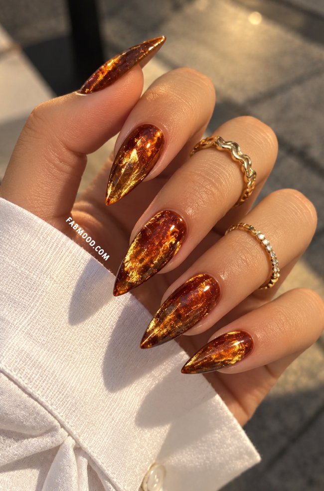 Fiery Copper Gold Cat Eye Stilettos — velvet nails