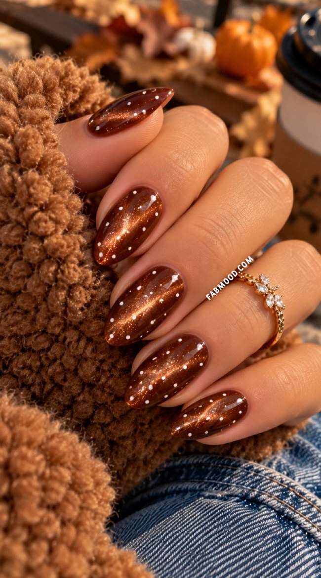 Chocolate Brown Cat Eye with White Polka Dots — velvet nails