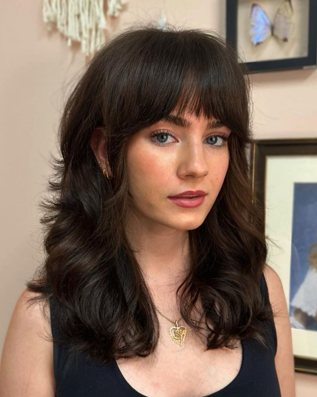 Dark Brown Wolf Cut With Full Bangs Dark Brown Wolf Cut With Full Bangs β wolf cut hairstyles