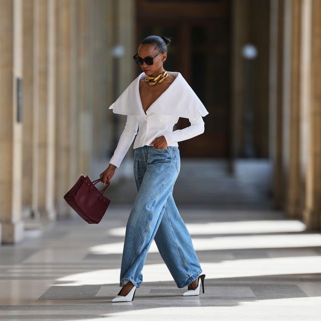 Dramatic Collar and White Heels Dramatic Collar and White Heels β barrel leg jeans outfits