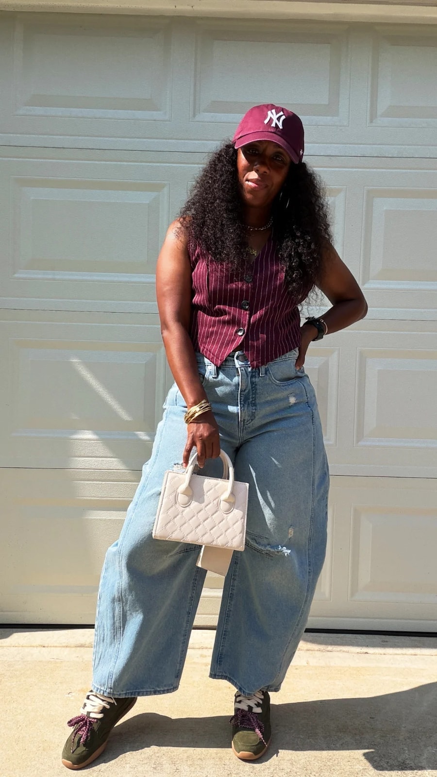 Bold Distressed Denim with a Pinstripe Vest Bold Distressed Denim with a Pinstripe Vest β barrel leg jeans outfits