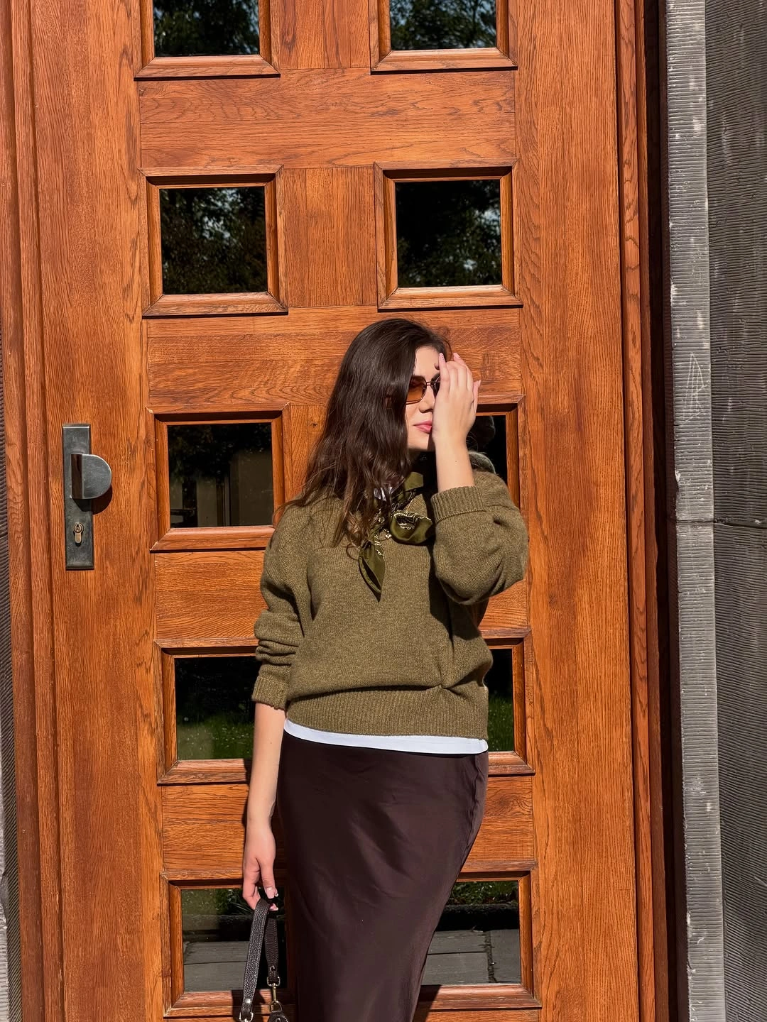 Olive sweater brown long skirt white hem and patterned scarf