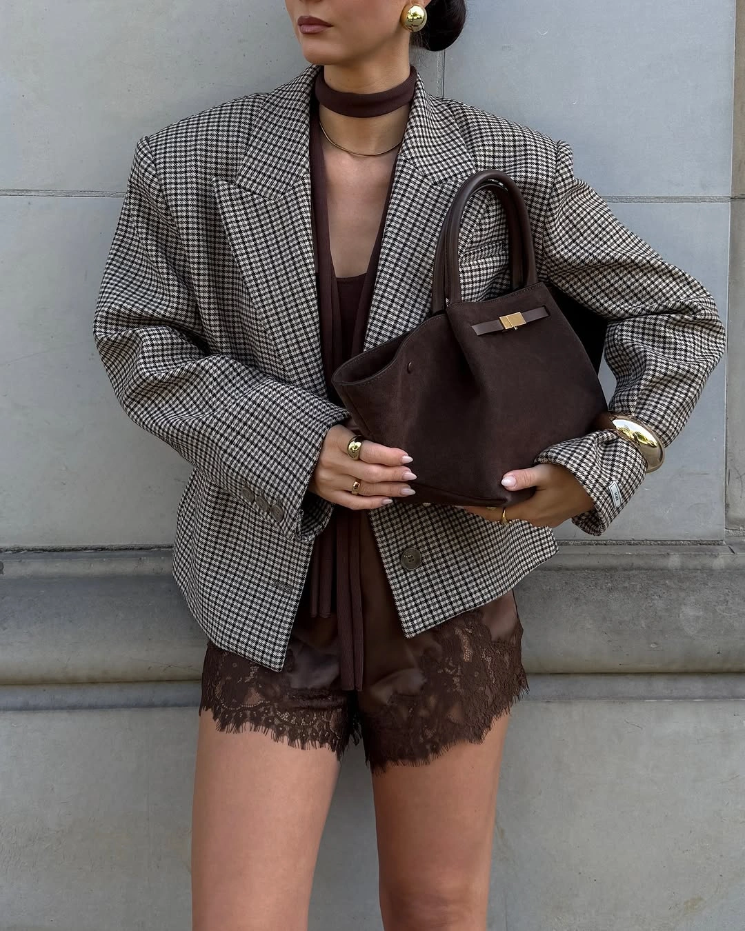 Checked blazer brown top lace shorts and dark tote
