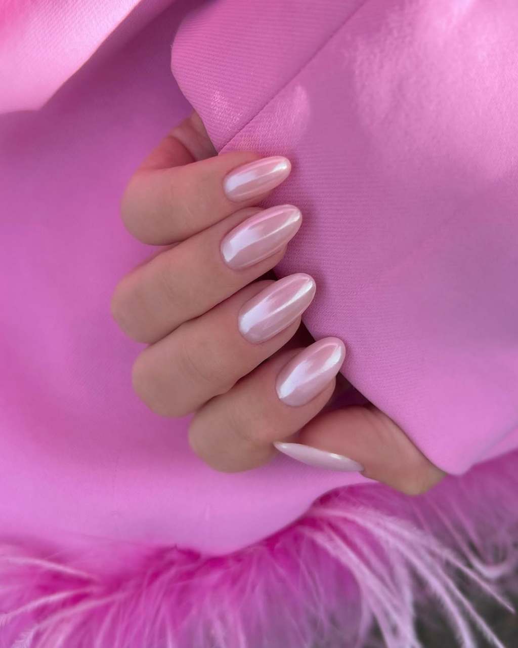 Pale Pink Chrome Pearlescent Almonds Pale Pink Chrome Pearlescent Almonds β glazed donut nails
