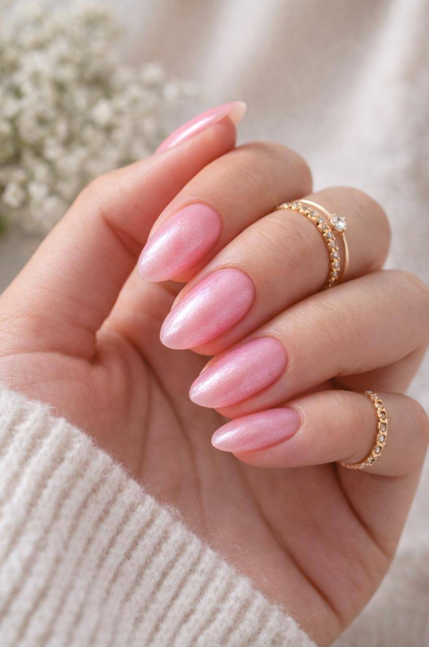 Sheer Light Pink Pearlescent Almonds Sheer Light Pink Pearlescent Almonds β glazed donut nails