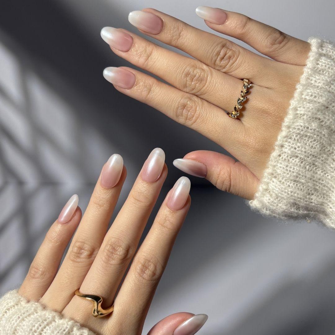 High Gloss Pearlescent Glazed Effect Milky White Pearlescent Oval Nails High Gloss Pearlescent Glazed Effect Milky White Pearlescent Oval Nails β glazed donut nails