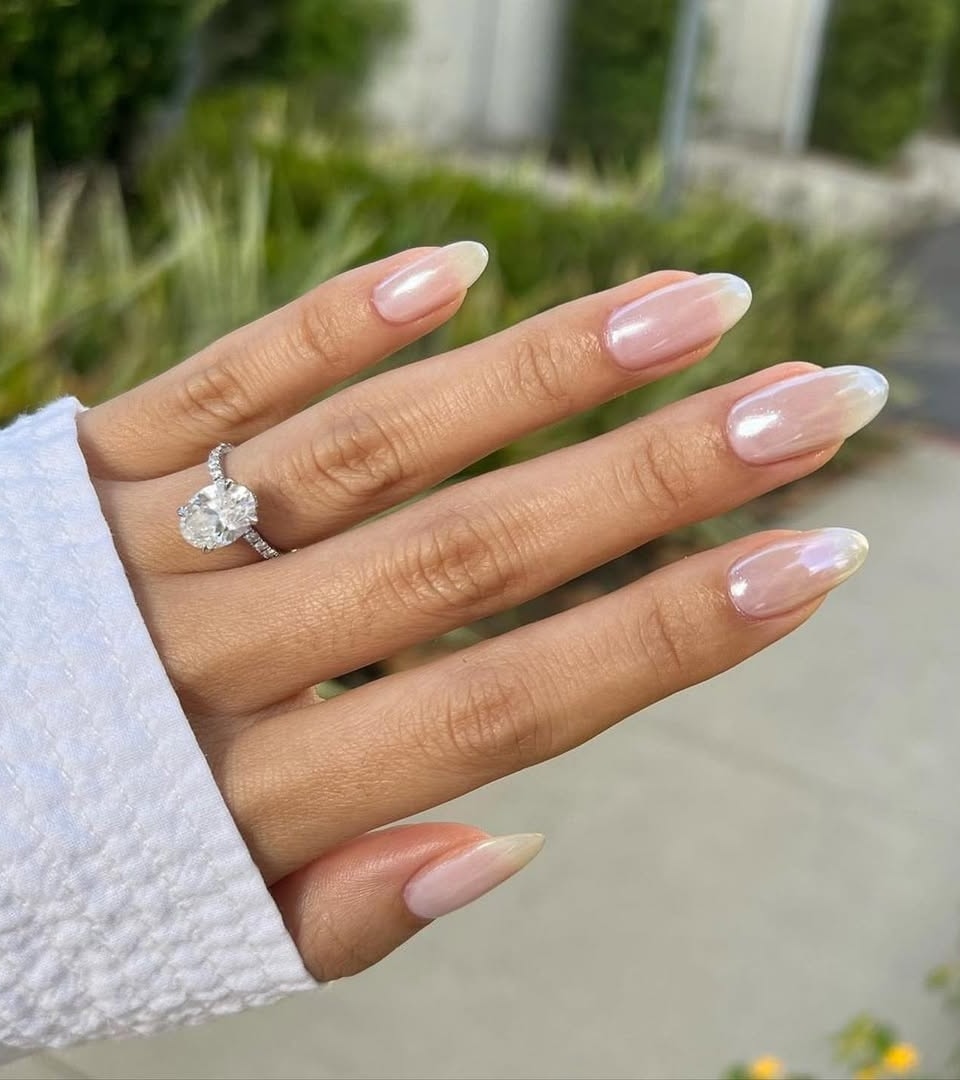 Sheer Nude Pearlescent Iridescent Almonds Sheer Nude Pearlescent Iridescent Almonds β glazed donut nails