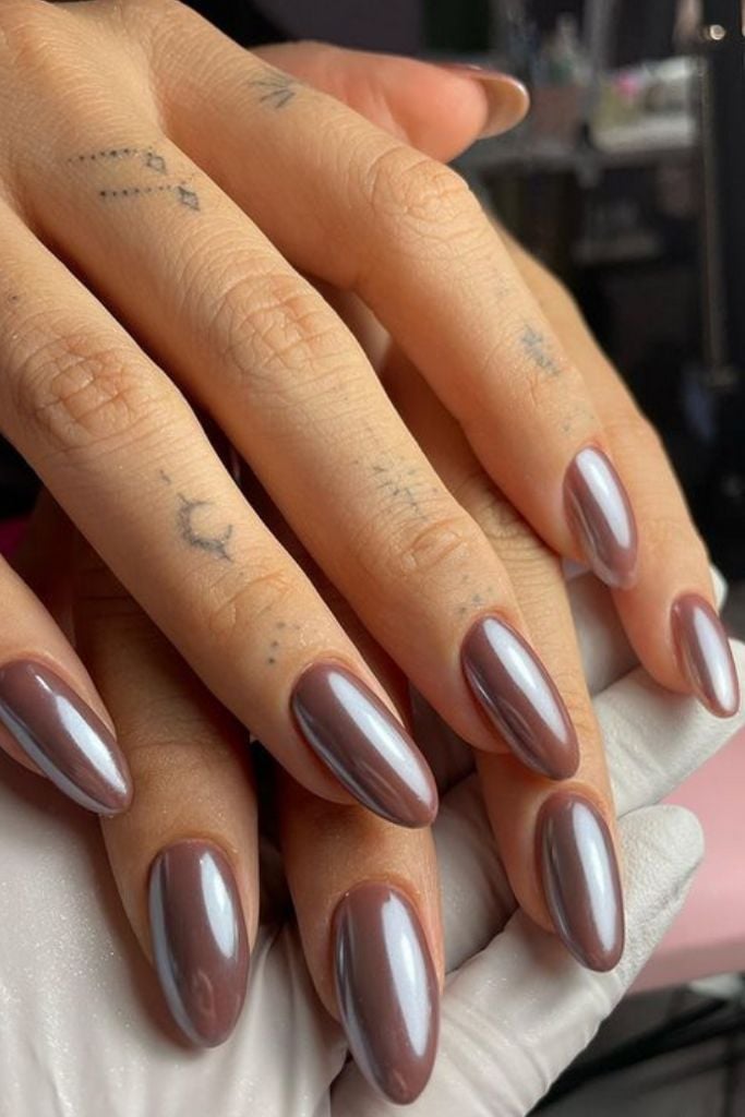 Warm Metallic Brown Chrome Almonds Warm Metallic Brown Chrome Almonds β glazed donut nails