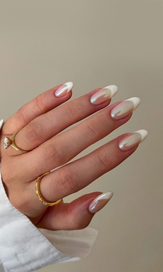 Pearlescent Chrome French Tips Pearlescent Chrome French Tips β glazed donut nails