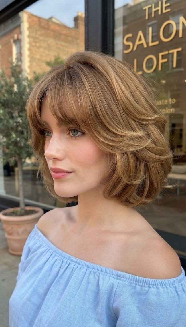 Honey Apricot Bob With Curtain Bangs — italian bob haircut