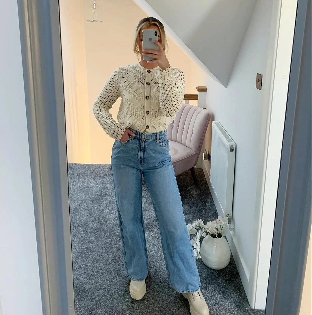 Cream openwork cardigan with wide-leg jeans and chunky shoes