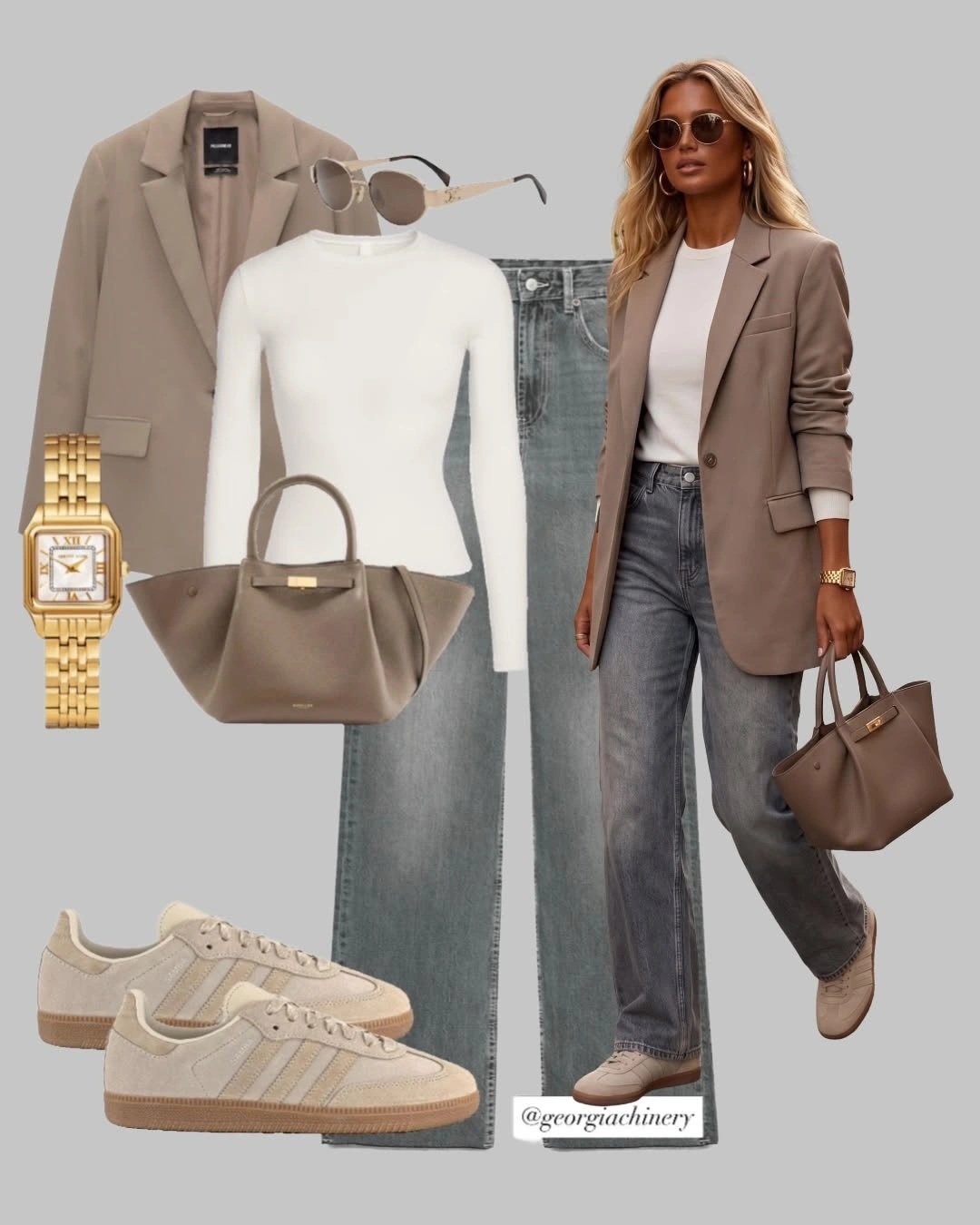 Taupe blazer with gray jeans, white top, and pale sneakers