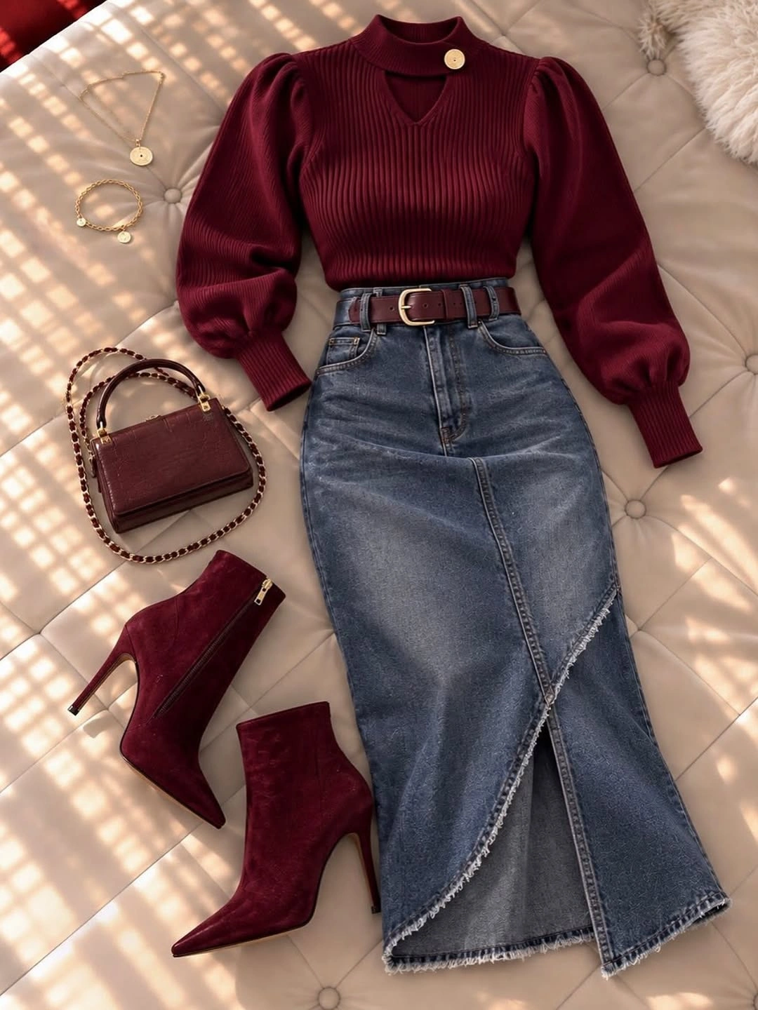 Burgundy puff-sleeve top with long gray-blue denim skirt