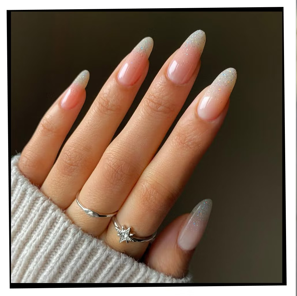 Long Almond Glitter Ombré Tips — Winter Champagne Nails