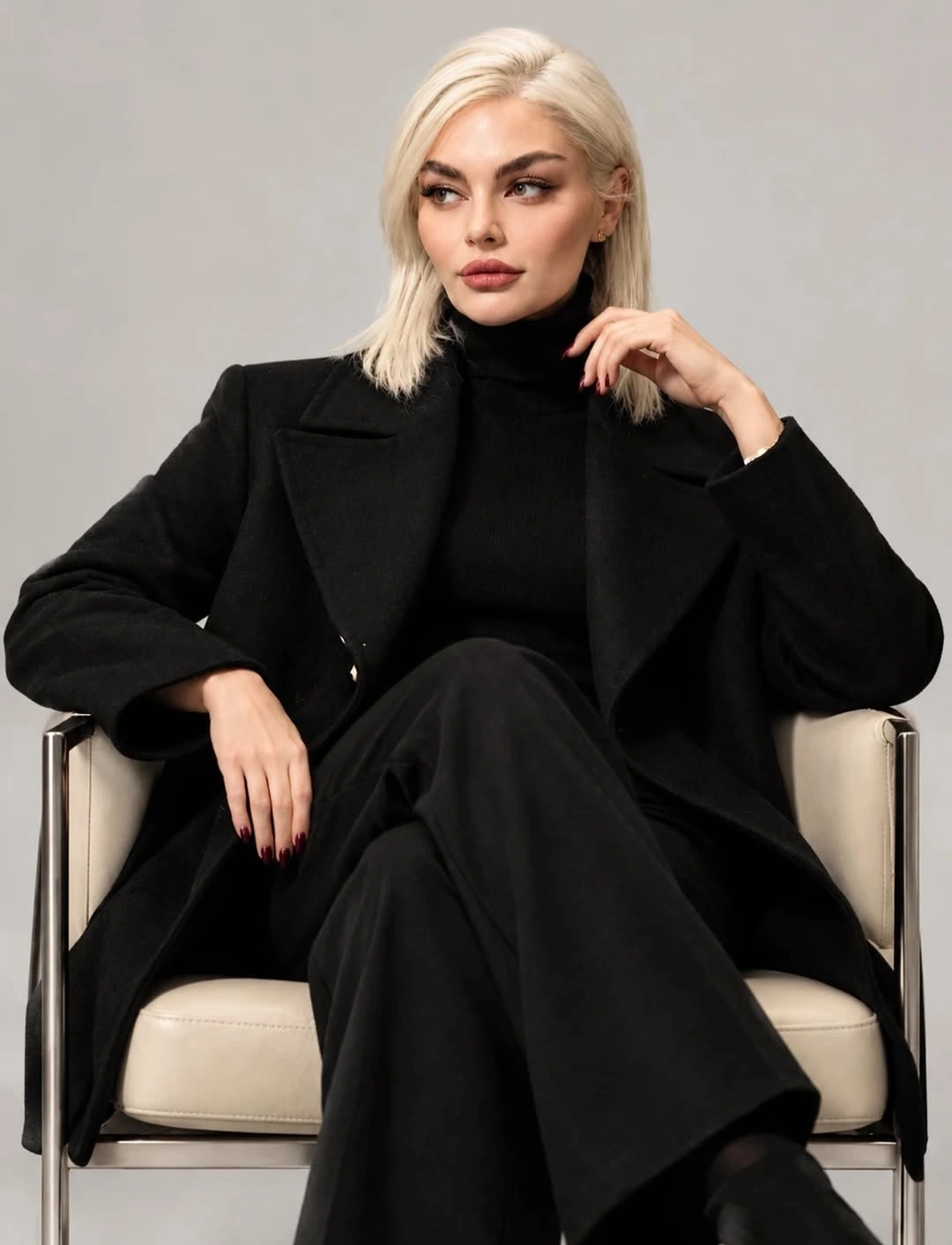 Black turtleneck layered beneath structured black coat with wide trousers