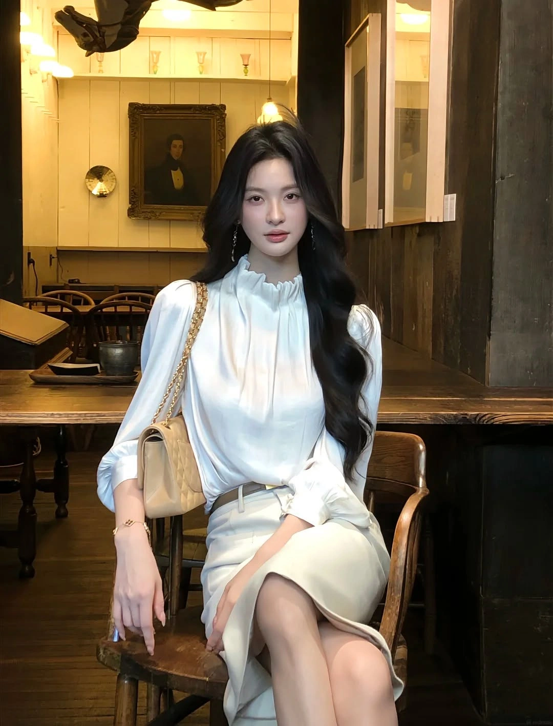 White high-neck blouse paired with cream belted skirt and pale handbag