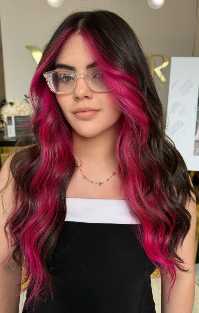 Vivid Magenta Money Piece With Curtain Bangs — money piece highlights