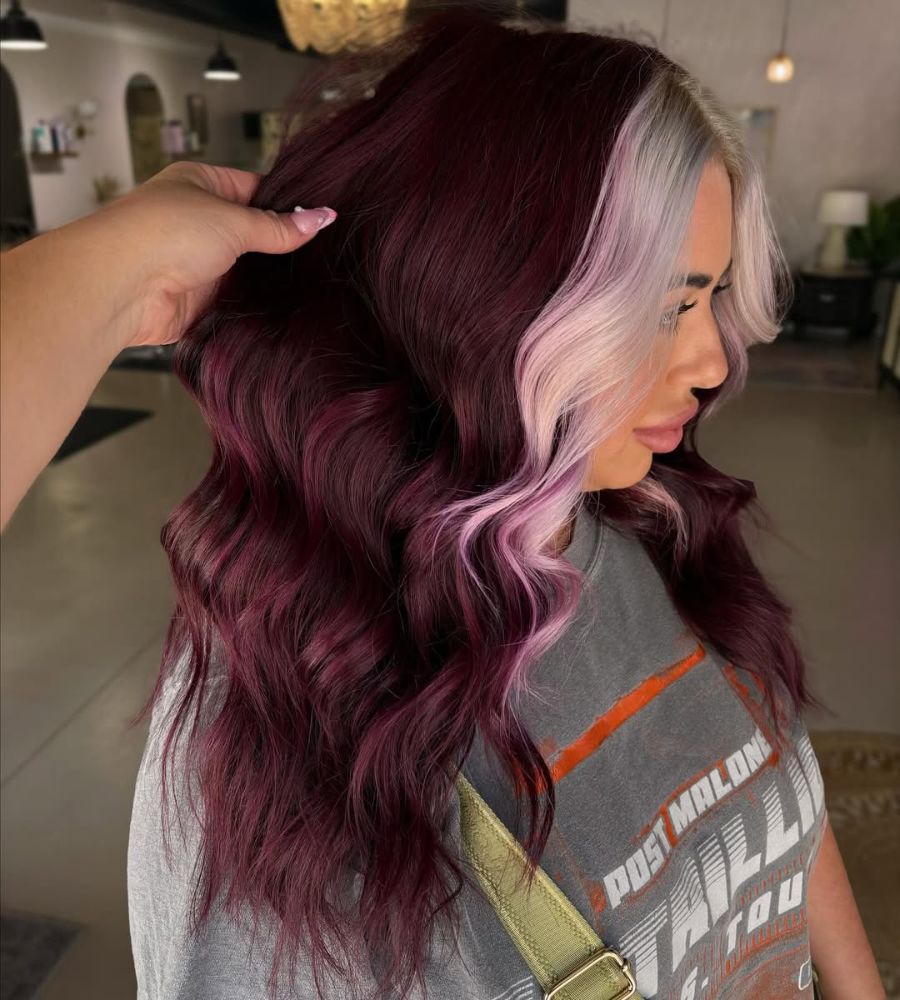 Dramatic Burgundy and Platinum Blonde Money Piece — money piece highlights
