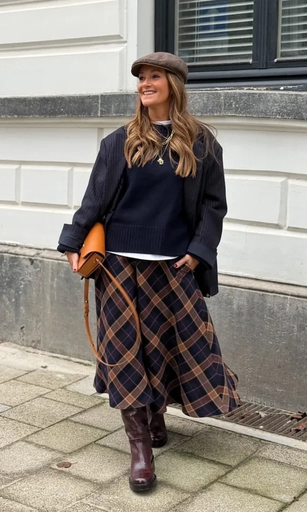 Maxi Plaid Skirt with Oversized Blazer and Leather Boots Maxi Plaid Skirt with Oversized Blazer and Leather Boots β plaid skirt outfits