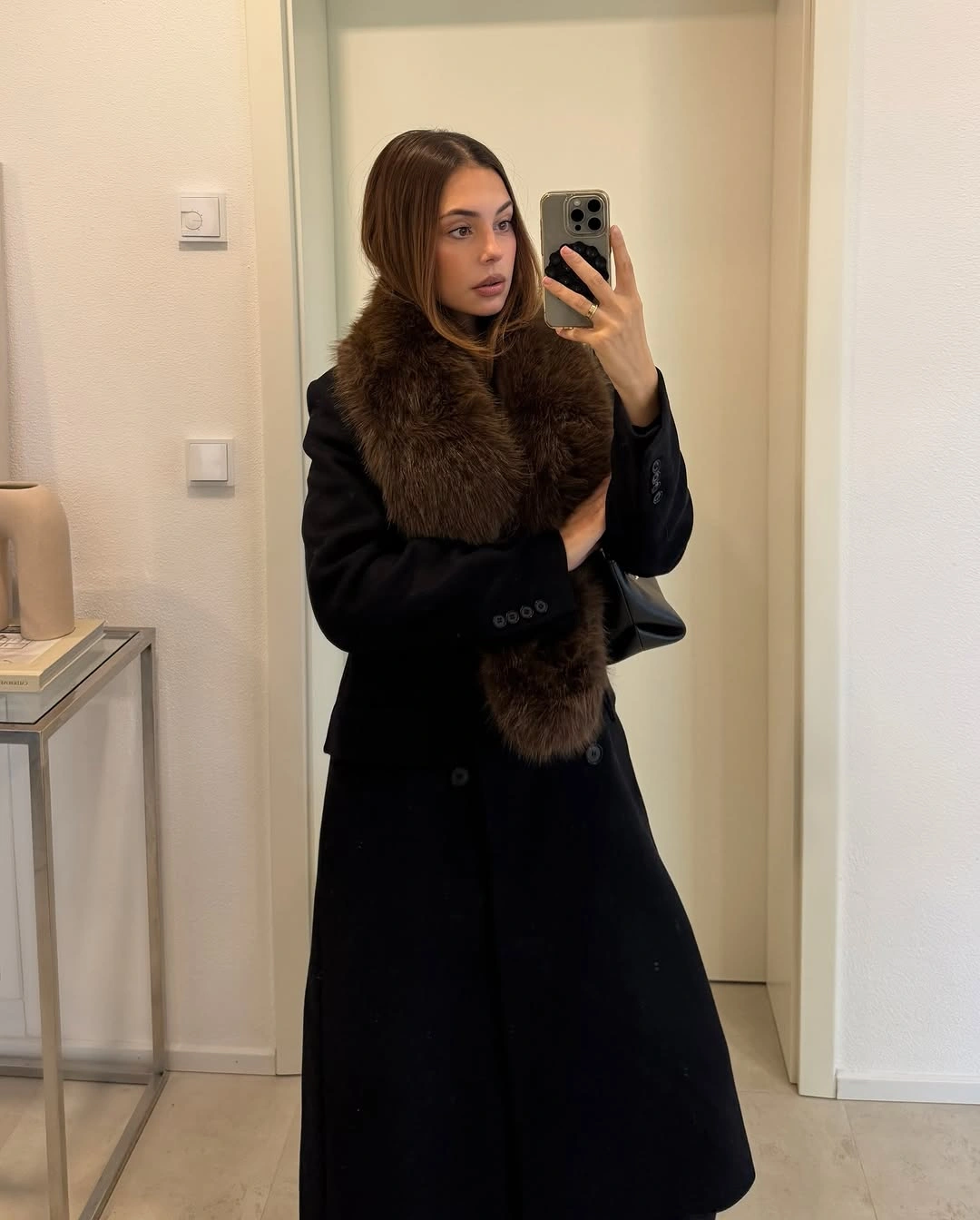 Long black coat with oversized dark brown fluffy scarf